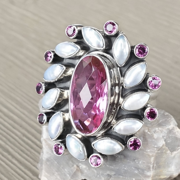 New NB Nicky Butler 925 Sterling Silver Pink Quartz Garnet Pearl Size 6 Ring - Picture 8 of 12